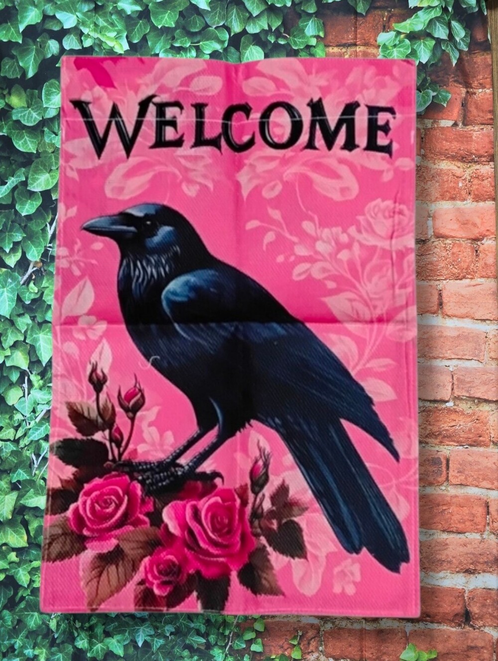 All Season Welcome Garden Flag with Black Crow and Pink Roses